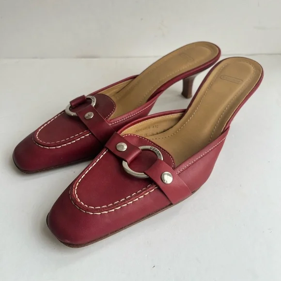 Coach Italy Sheri Red Kitten Heel Silver Buckle Mule loafers size 6B - Picture 10 of 11